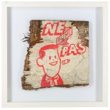 Calm & Collected, 'Ne Fume Pas', mixed media on reclaimed wooden panel, stamped and signed to