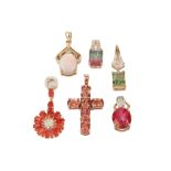 A small collection of jewellery, including six pendants set with various gemstones including bi-