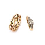 Two rings, including a nine carat gold plaited ring, partial UK hallmark, ring size T½, and a