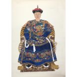 A large Chinese hanging scroll, 19th Century, painted with a seated Mandarin figure cut-out and re-