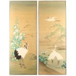 Four Chinese watercolour paintings, depicting cranes and egrets, 140 x 50cm, glazed and framed (4)
