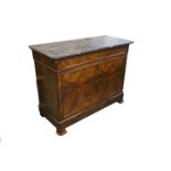 A French marble top figured walnut commode, early 20th Century, fitted with four graduated long