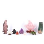 A collection of Chinese hard stone carvings, 20th Century, to include a rose-quartz twin handled