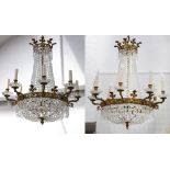 A good pair of Empire style gilt metal and cut glass eight-light chandeliers, late 19th Century,