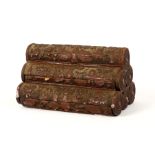 A novelty Chinese brown cinnabar box and cover, 19th Century, in three sections, carved with