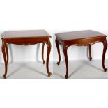 A pair of Louis XVI design parquetry low occasional tables, each with fitted slides, on carved