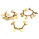 Three charm bracelets, the base metal bracelets suspending various charms dated 1961-81, four with