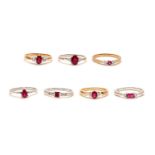 Seven ruby and diamond rings, All mounted in 9 carat white and yellow gold, set with step, oval,