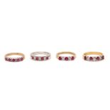 Four ruby and diamond half-hoop rings, Three set with alternating circular-cut rubies and