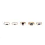 Five sapphire and diamond rings, All mounted in 9 carat yellow and white gold, set with oval and