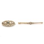 Two diamond brooches, One set with a step-cut sapphire in an openwork rose-cut diamond surround, the