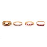 Four ruby and diamond rings, Three mounted in 9 carat gold and set with brilliant-cut diamonds and