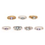 A collection of seven rings, All mounted in 9 carat white and yellow gold and set with various