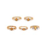 Five citrine and diamond rings, Each set with an oval or pear-shaped citrine and brilliant-cut