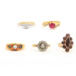 Five gem-set rings, Including a diamond single-stone ring, a ruby ring with diamond shoulders, a