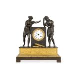 AN EARLY 19TH CENTURY FRENCH GILT AND PATINATED BRONZE FIGURAL MANTEL CLOCK OF CLASSICAL THEME