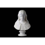A 19TH CENTURY ITALIAN CARVED CARRARA MARBLE BUST OF A MAIDEN possibly the Virgin Mary, her eyes