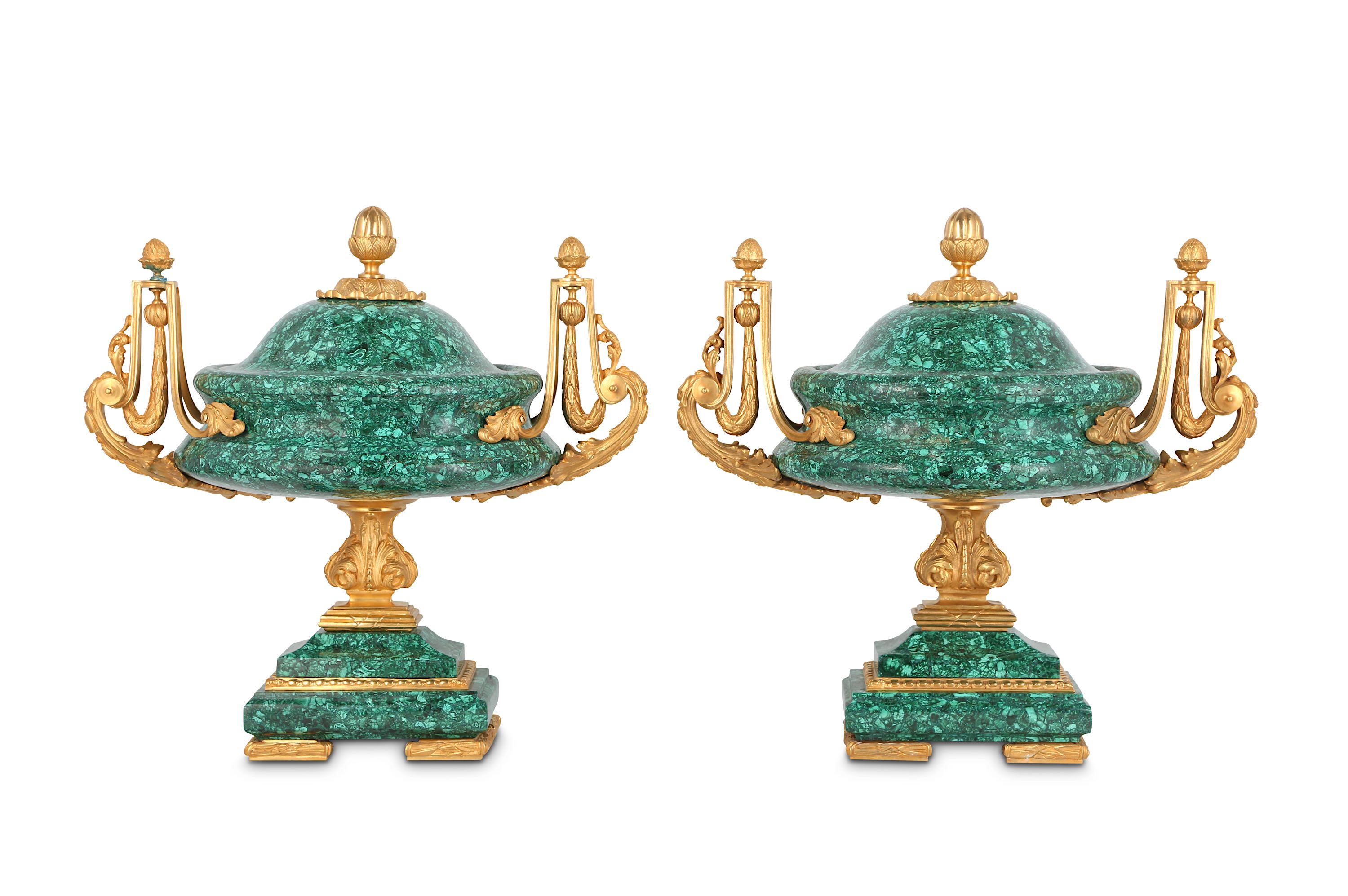 A PAIR OF LOUIS XVI STYLE GILT BRONZE AND MALACHIT