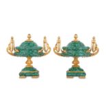 A PAIR OF LOUIS XVI STYLE GILT BRONZE AND MALACHIT
