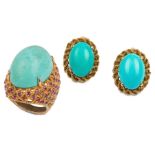 A turquoise and ruby ring and a pair of turquoise