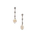 A pair of natural pearl and diamond pendent earrings