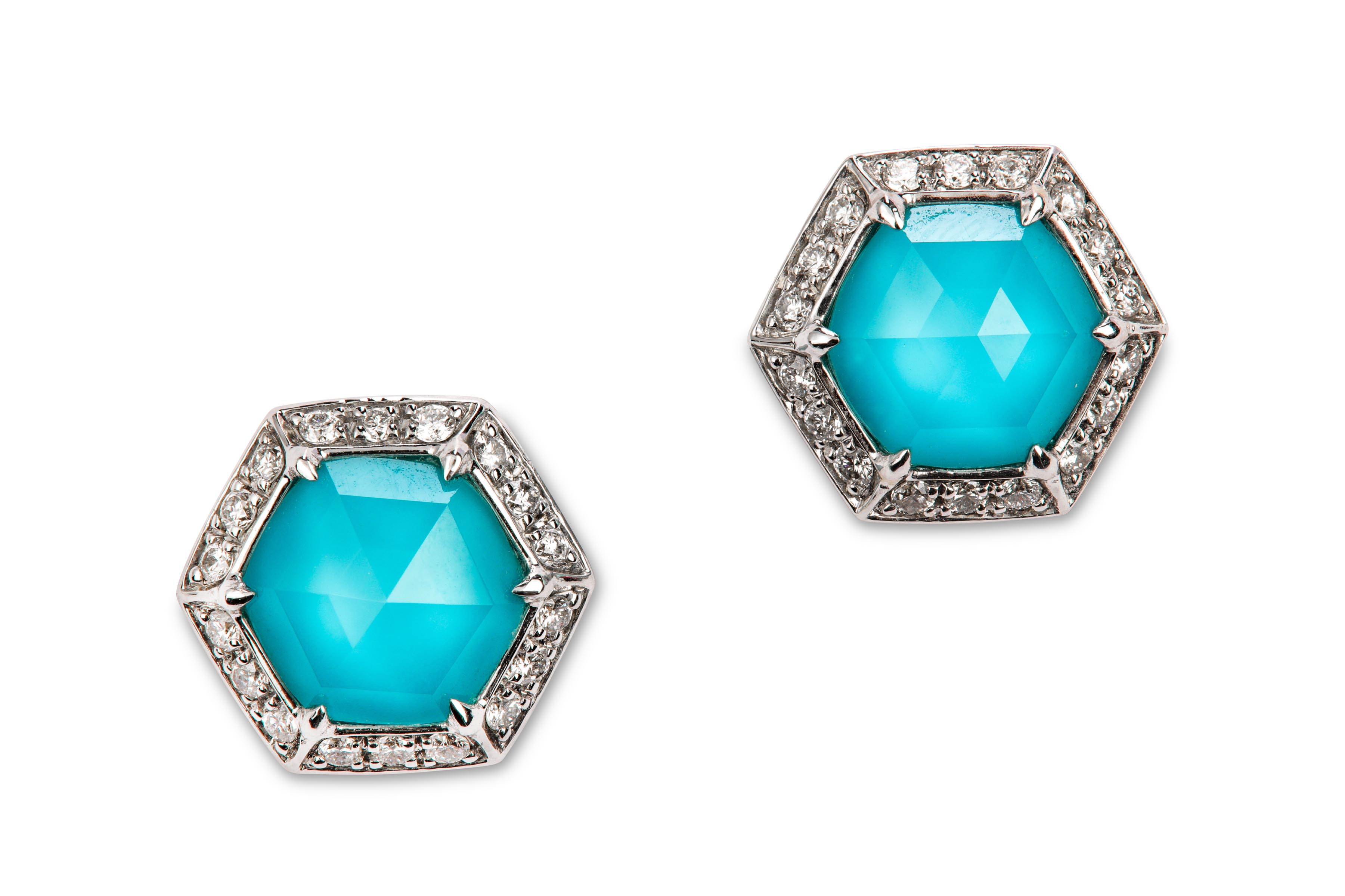 A pair of turquoise, quartz and diamond 'Deco' ear