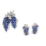 A sapphire and diamond brooch and earring suite