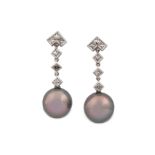 A pair of cultured pearl and diamond pendent earri