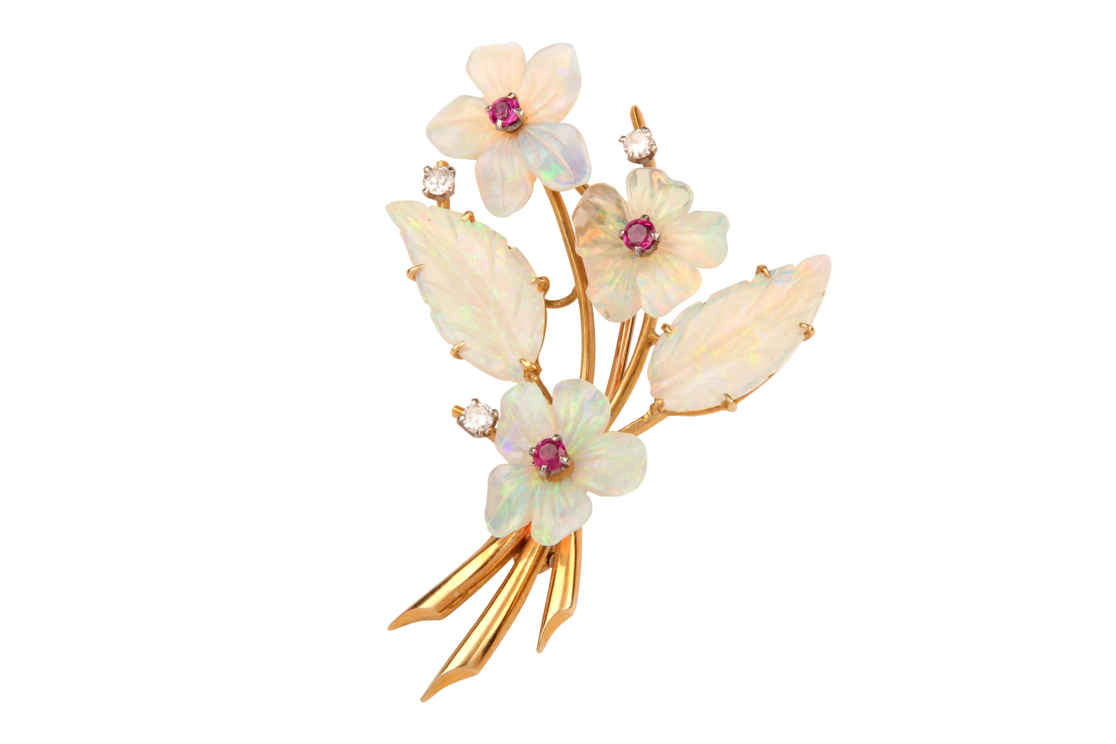 An opal, diamond and ruby flower brooch