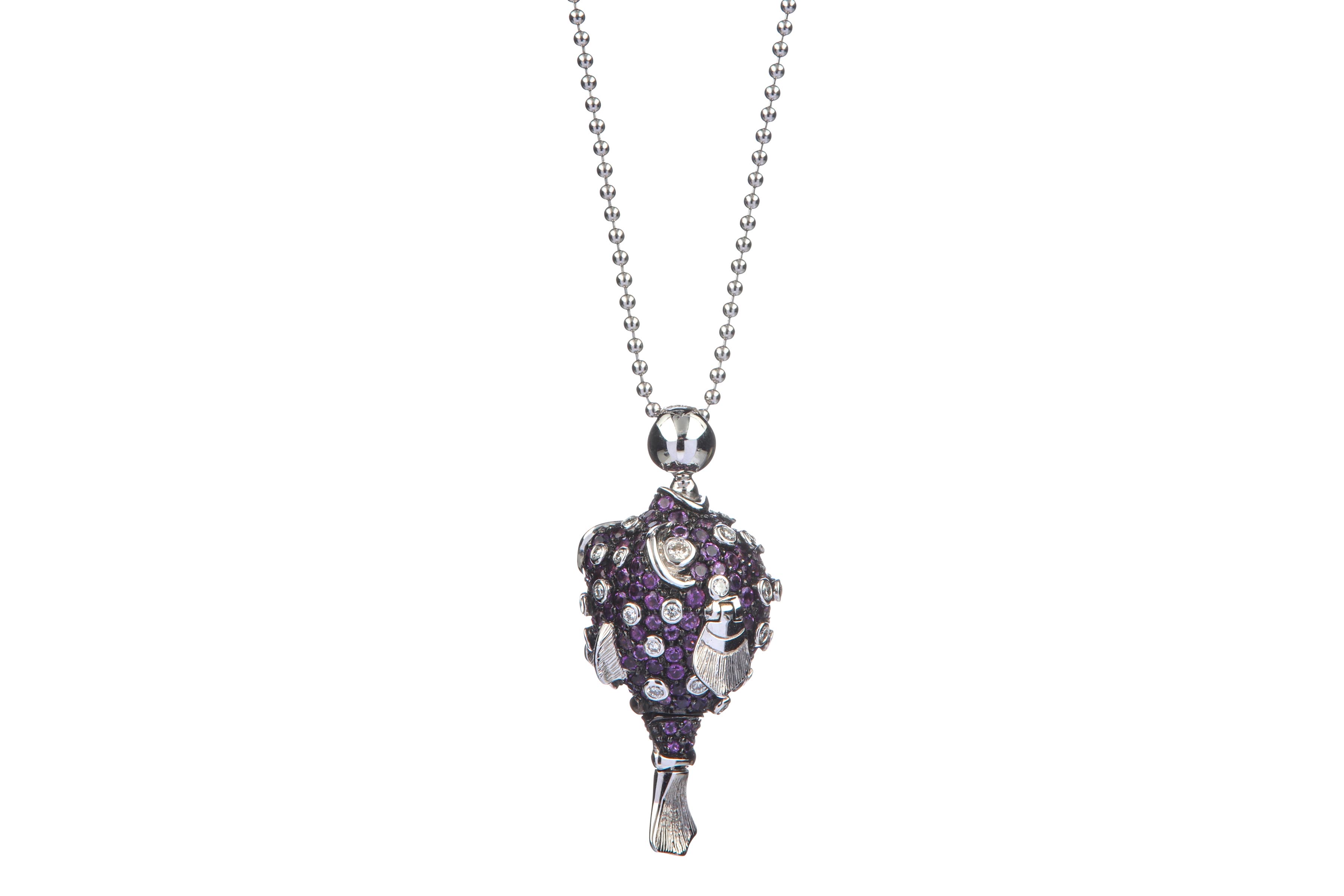 A 'Baby Puffa Fish' amethyst and diamond pendant n