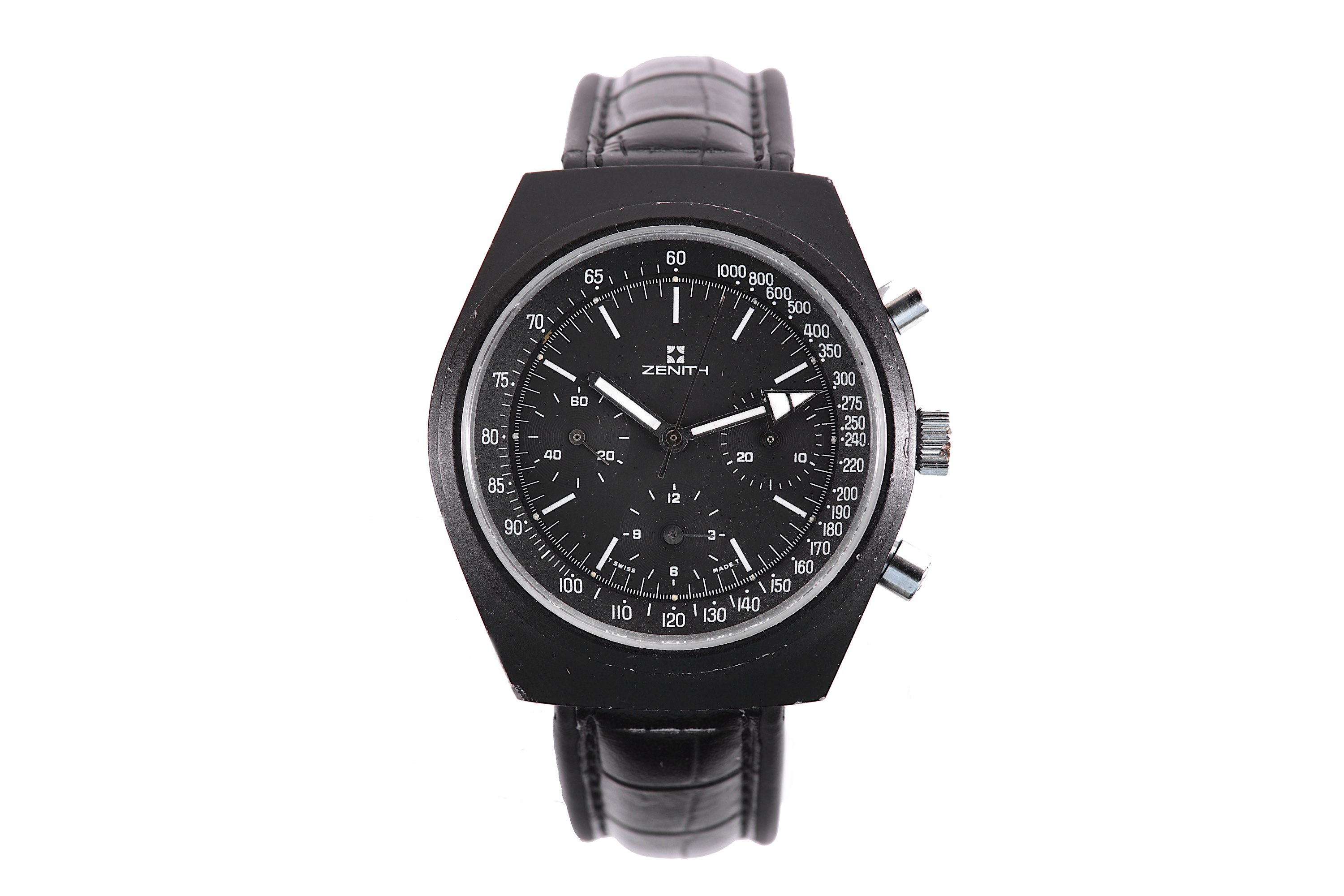 ZENITH. A STAINLESS STEEL AND BLACK PVD COATED MANUAL WIND CHRONOGRAPH WRISTWATCH. Maker: Zenith.