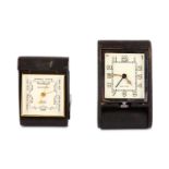 A LeCOULTRE 8 DAYS ALARM CLOCK AND A VERANDERLICH BAROMETER. LeCoultre: Stainless steel and  leather