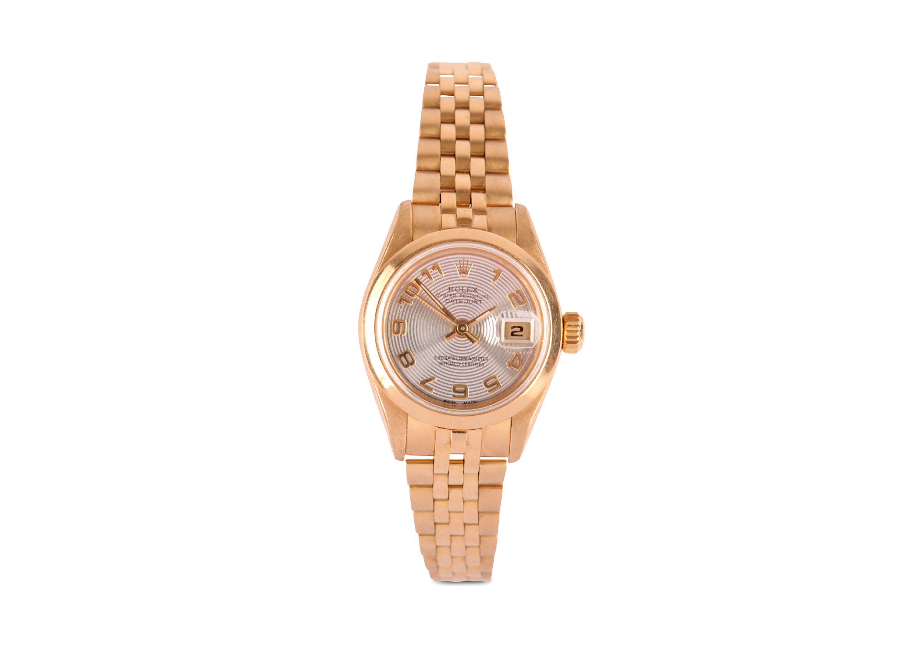 ROLEX. A LADIES 18 K YELLOW GOLD AUTOMATIC CALENDAR BRACELET WATCH. Maker: Rolex. Model: Datejust.