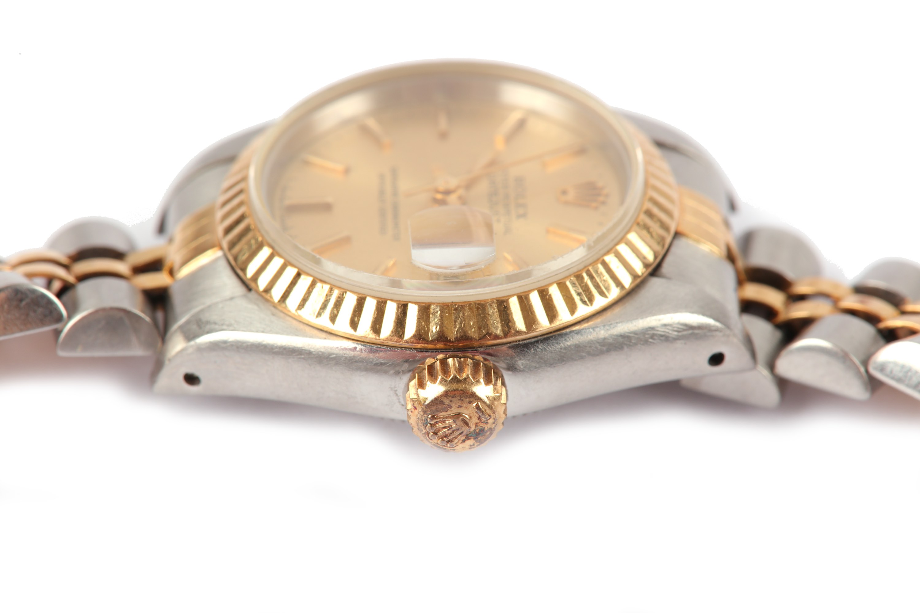 ROLEX. A LADIES STAINLESS STEEL AND 18 K GOLD AUTOMATIC CALENDAR BRACELET WATCH. Maker: Rolex. - Image 3 of 5