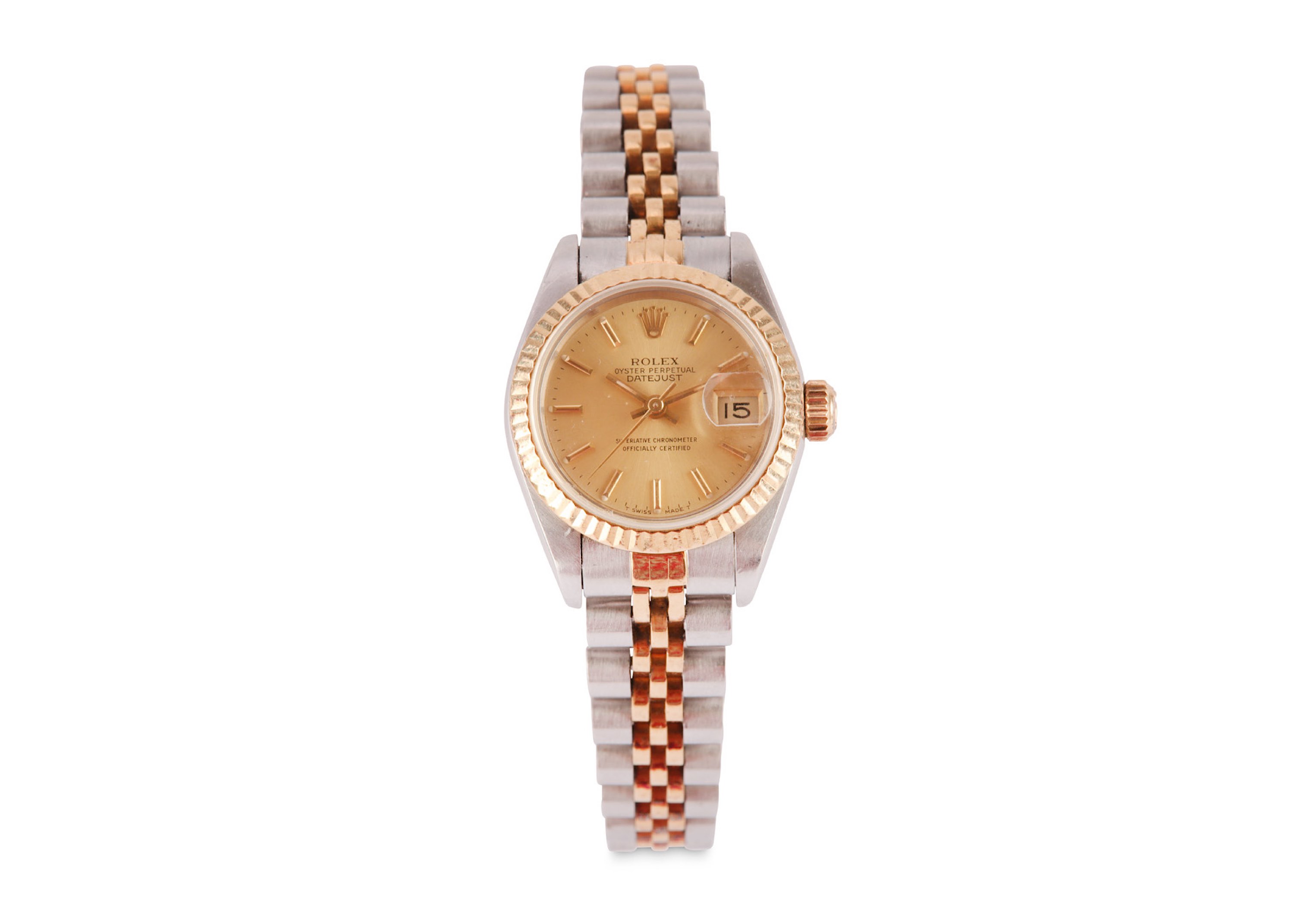 ROLEX. A LADIES STAINLESS STEEL AND 18 K GOLD AUTOMATIC CALENDAR BRACELET WATCH. Maker: Rolex.