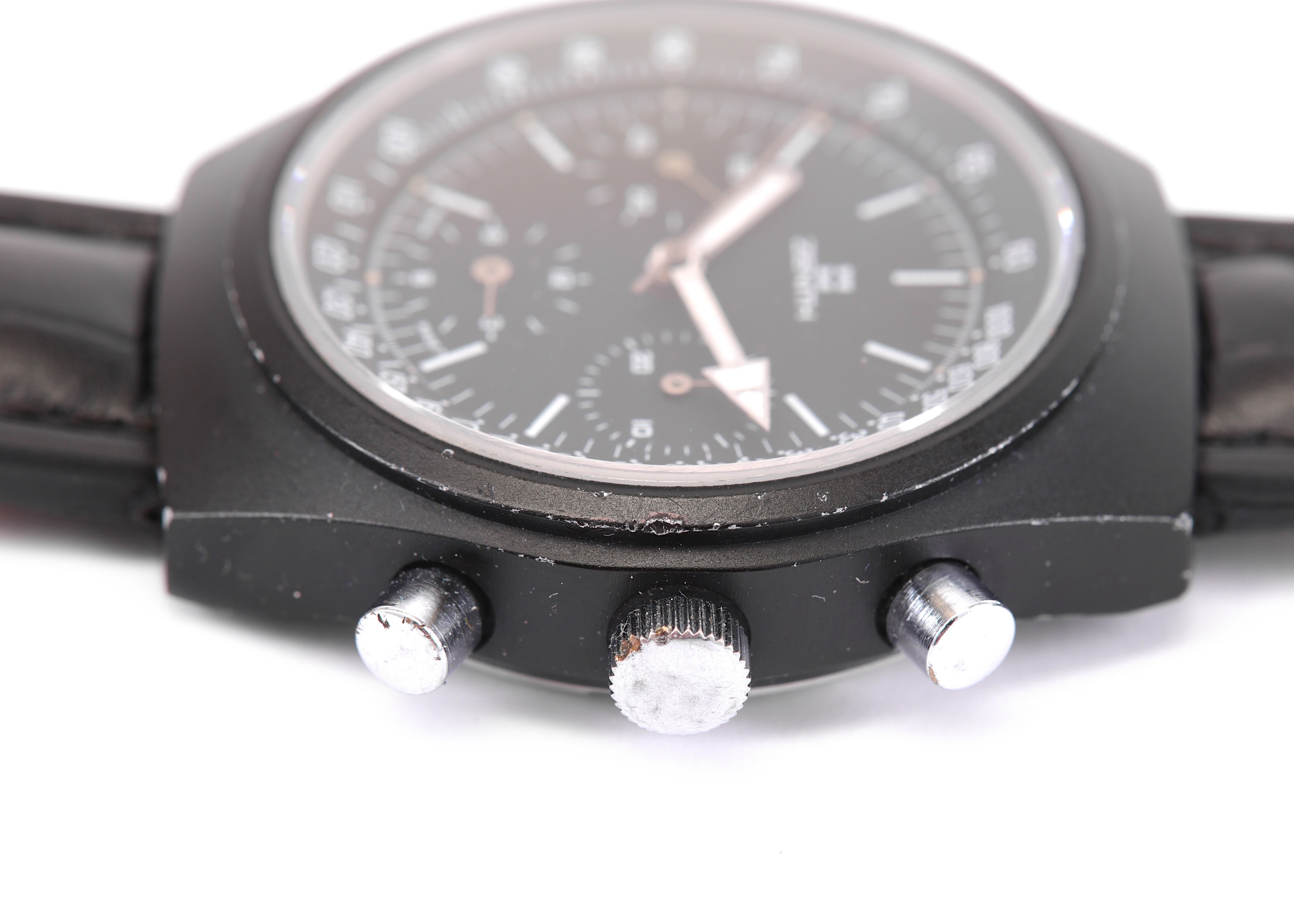 ZENITH. A STAINLESS STEEL AND BLACK PVD COATED MANUAL WIND CHRONOGRAPH WRISTWATCH. Maker: Zenith. - Image 2 of 5