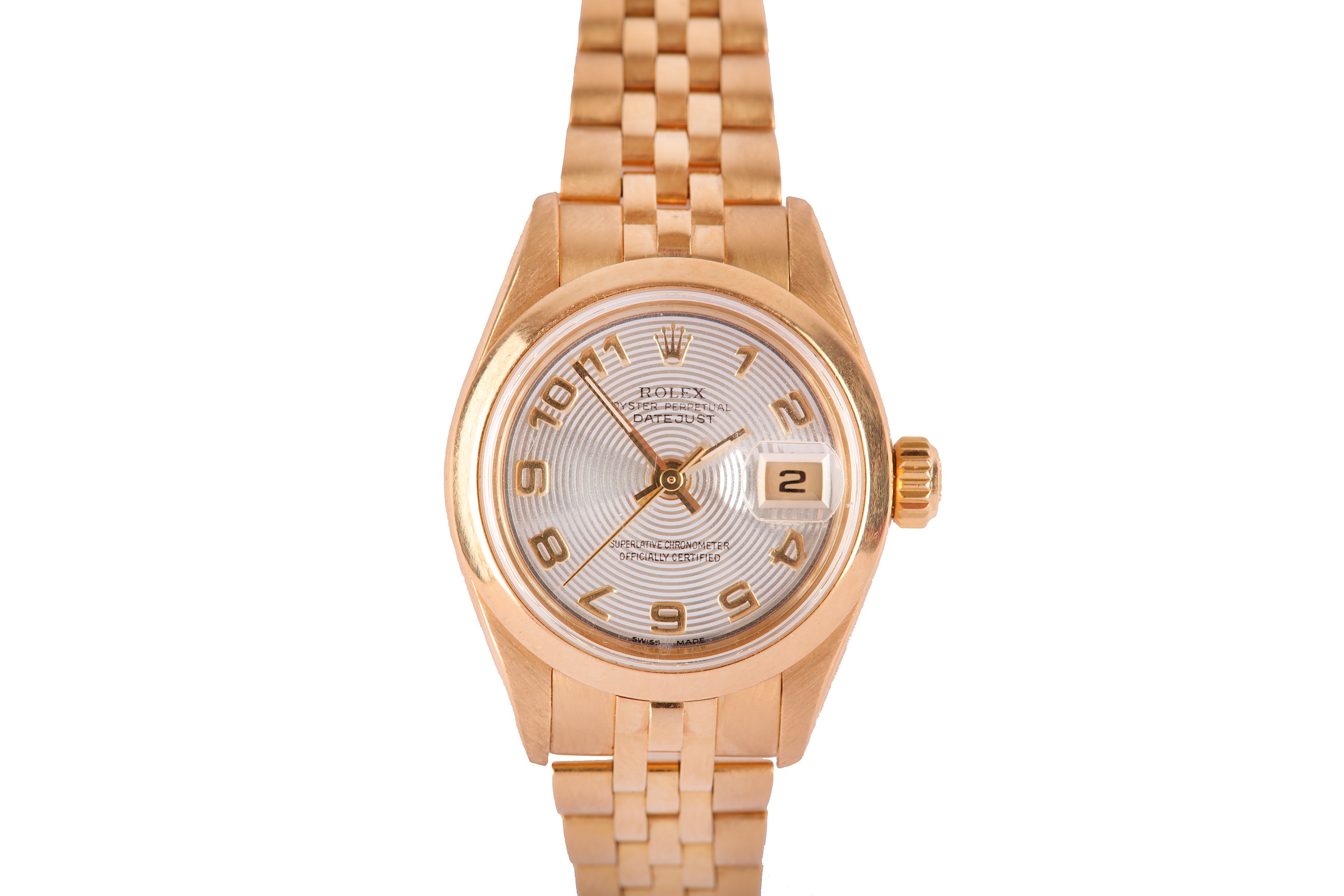 ROLEX. A LADIES 18 K YELLOW GOLD AUTOMATIC CALENDAR BRACELET WATCH. Maker: Rolex. Model: Datejust. - Image 2 of 7