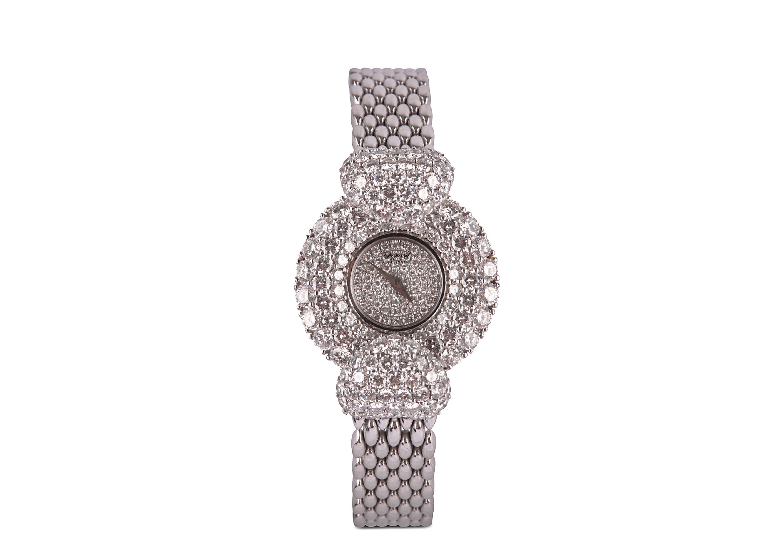 CHOPARD. A FINE AND RARE 18K WHITE GOLD AND DIAMOND SET MANUAL WIND BRACELET WATCH. Case reference/