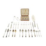 A mixed group of antique silver flatware, including a cased set of six Continental silver-gilt and e