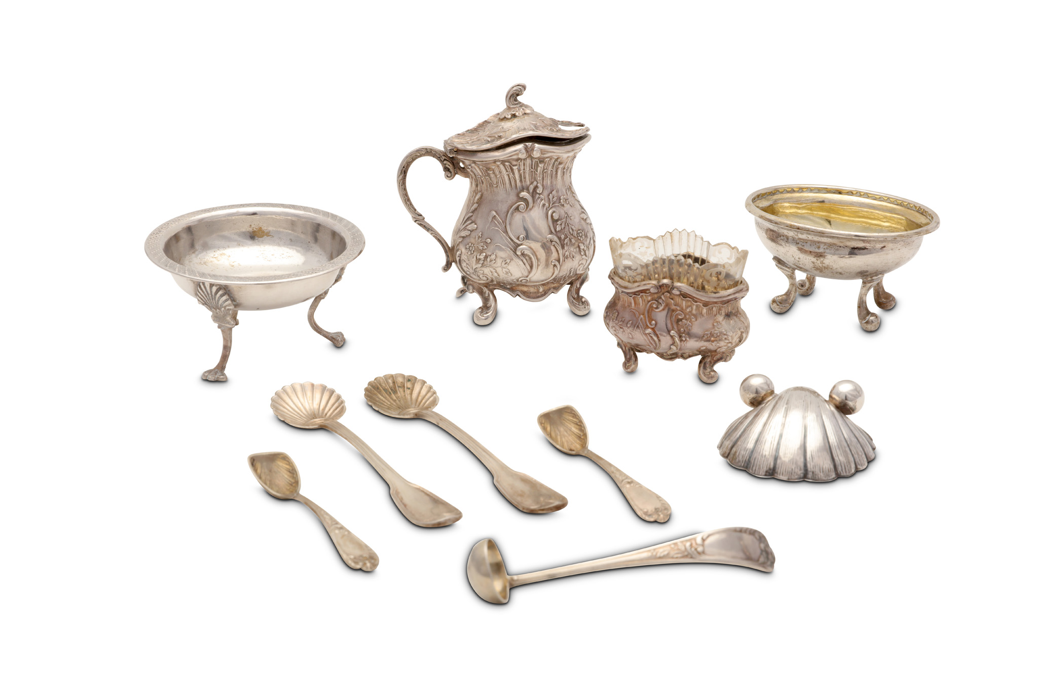 A mixed group of antique silver items, including a late 19th/early 20th century German 800 standard