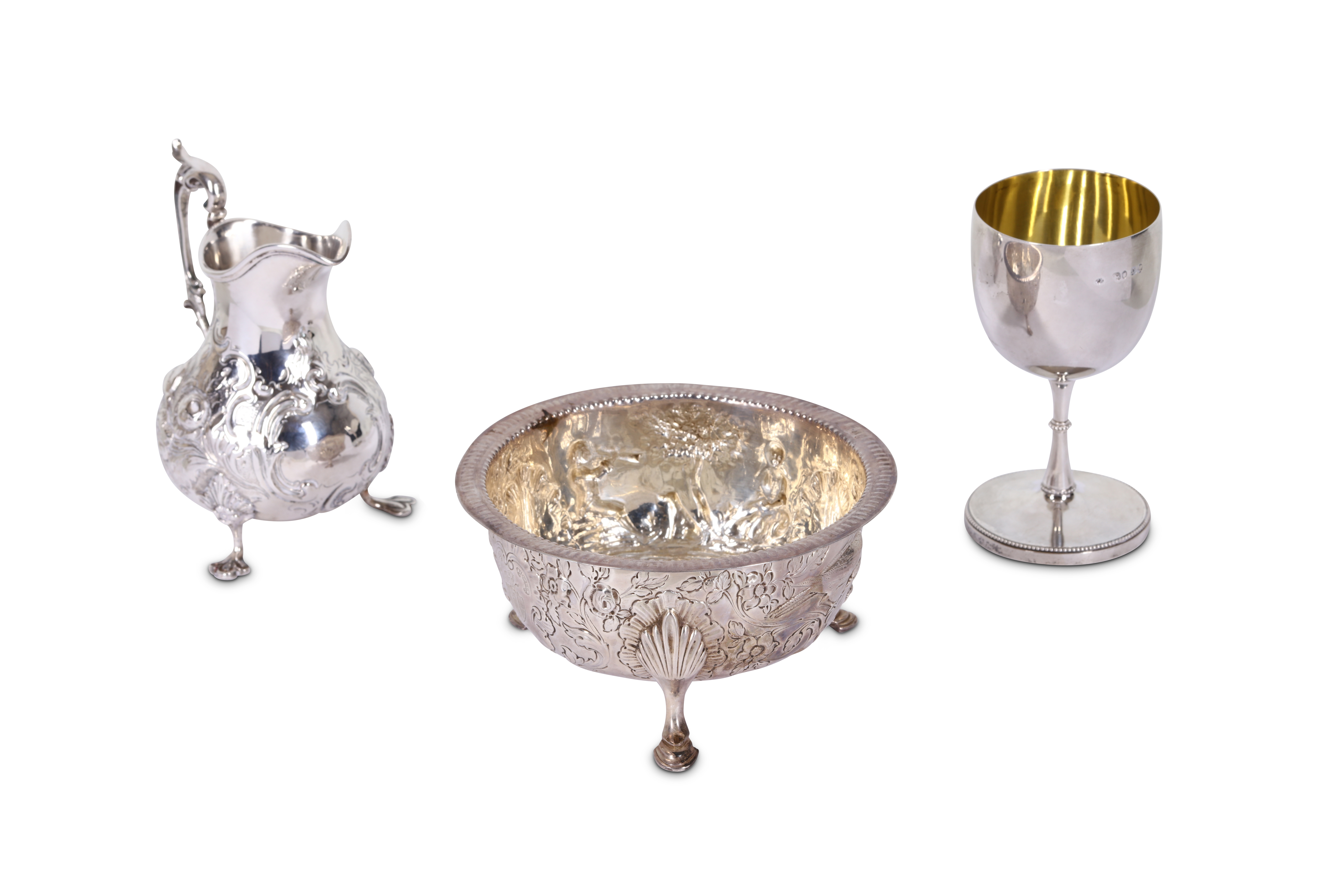 A mixed group of Victorian antique sterling silver, including a sherry goblet London 1869 by Thomas