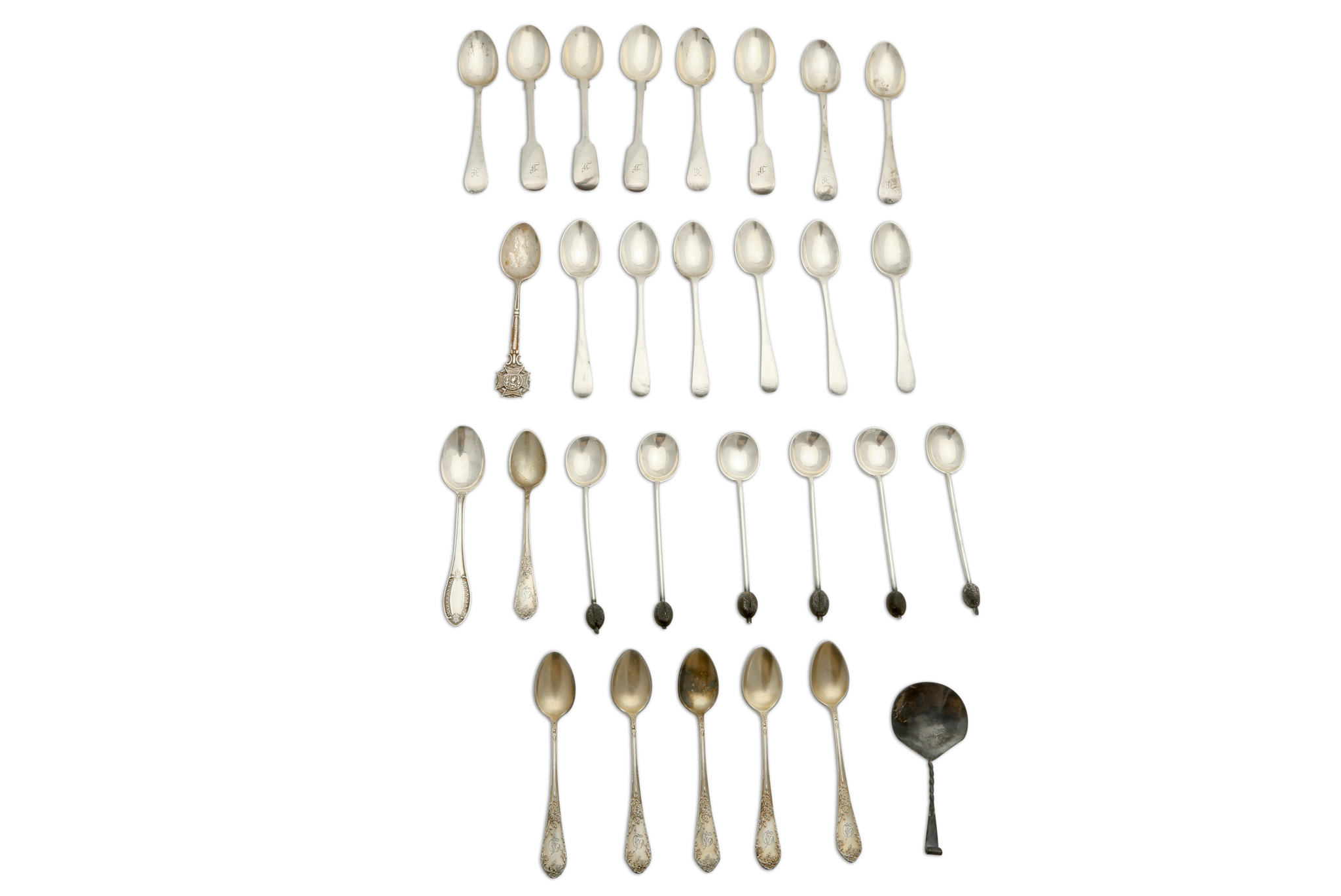 A mixed group of British and Continental silver spoons, including a set of six coffee spoons, Sheffi