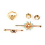 A group of jewellery, including two half-pearl and gem-set bar brooches, an 18ct gold signet ring