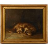 Attributed to George Armfield (1808-1895), a recumbent dog in a barn, oil on canvas, 19.5 x 24cm,