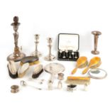 A mixed group of sterling silver, to include a pair of candlesticks, Birmingham 1918 by S