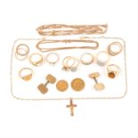 A large group of jewellery, comprising twelve rings, some diamond-set, two 9ct gold chains, a