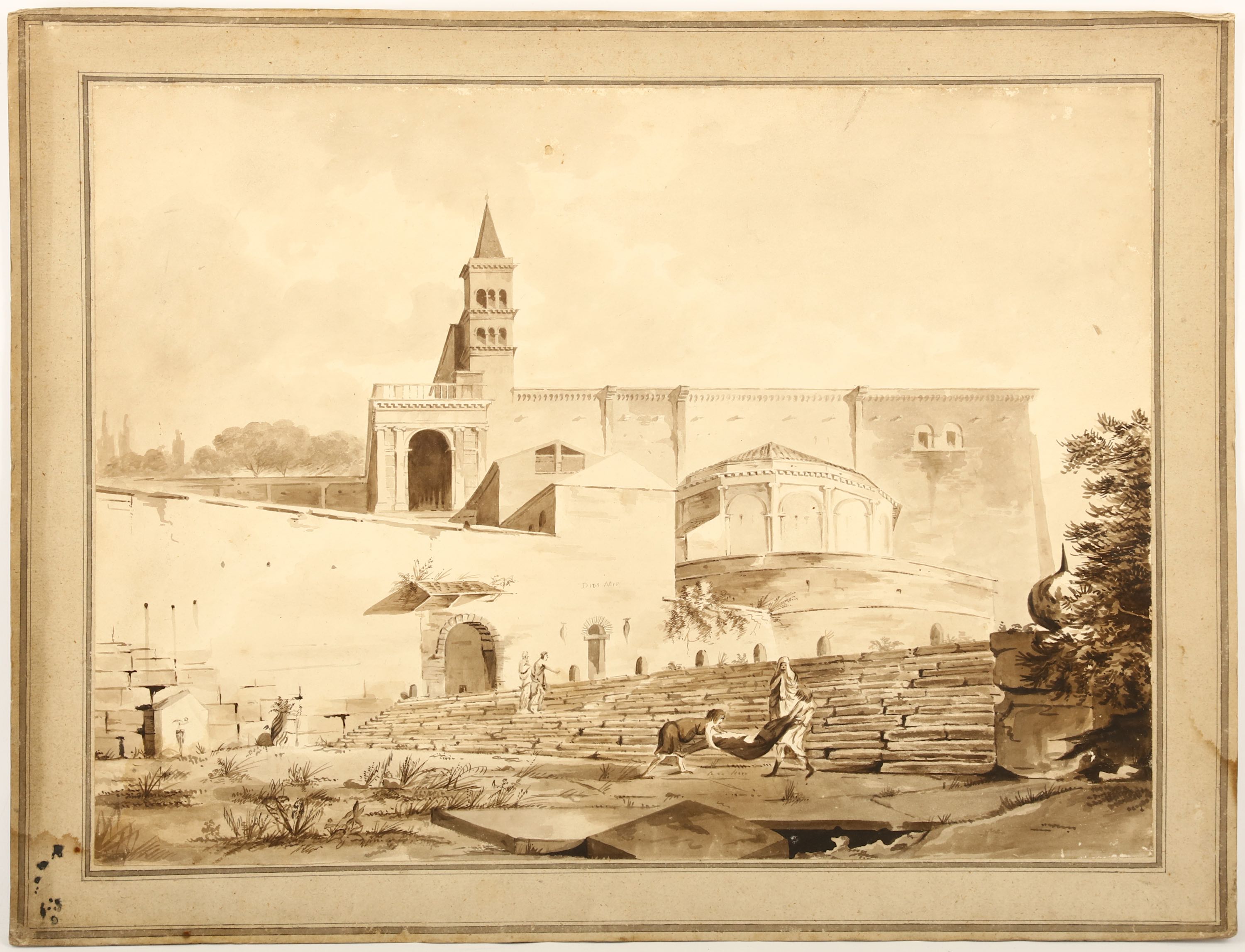 A pair of 18th Century landscape views with Basilica, classical Italian castles and figures, pen and