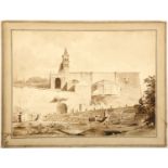 A pair of 18th Century landscape views with Basilica, classical Italian castles and figures, pen and