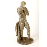 A cast stone garden statue of a semi-naked Greek philosopher, 19th Century, modelled standing in a