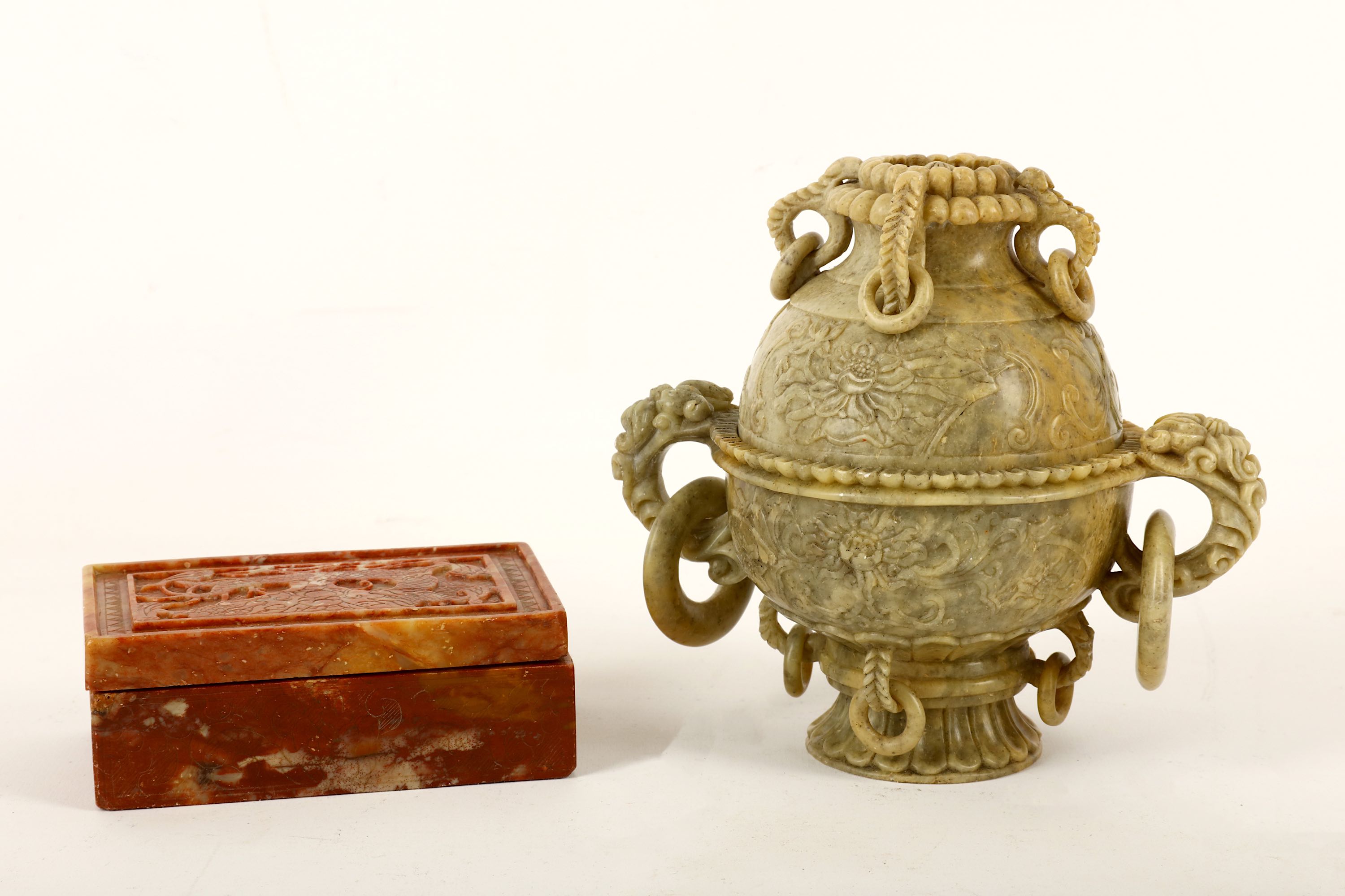 A carved Chinese soapstone censer with cover and a box and cover, the censer of spherical form